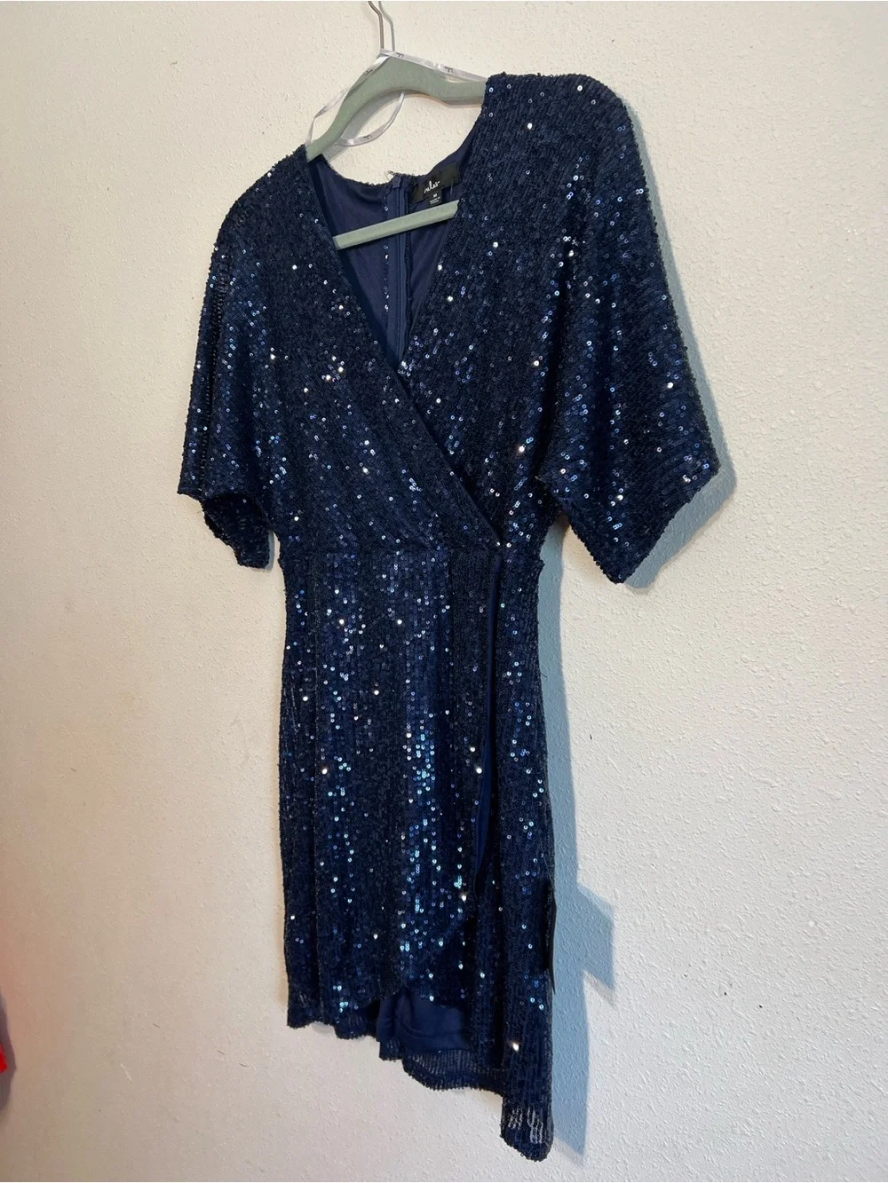 Lulus Weekender Navy Sequin V-Neck Faux Wrap Mini Dress Size Medium